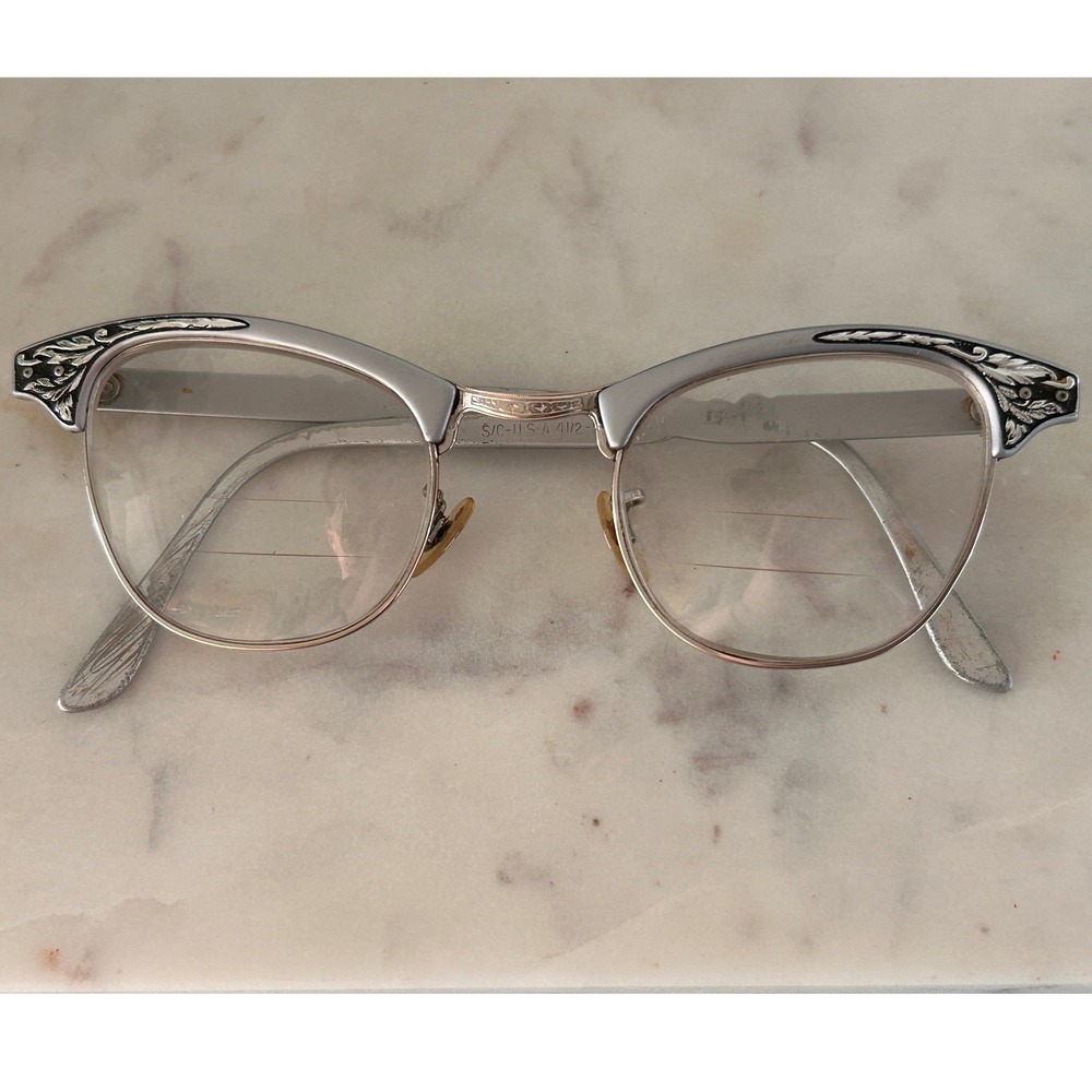 Vintage Shuron USA Cat Eye Browline Glasses Silver 1/10 12K GF Aluminum 46-24